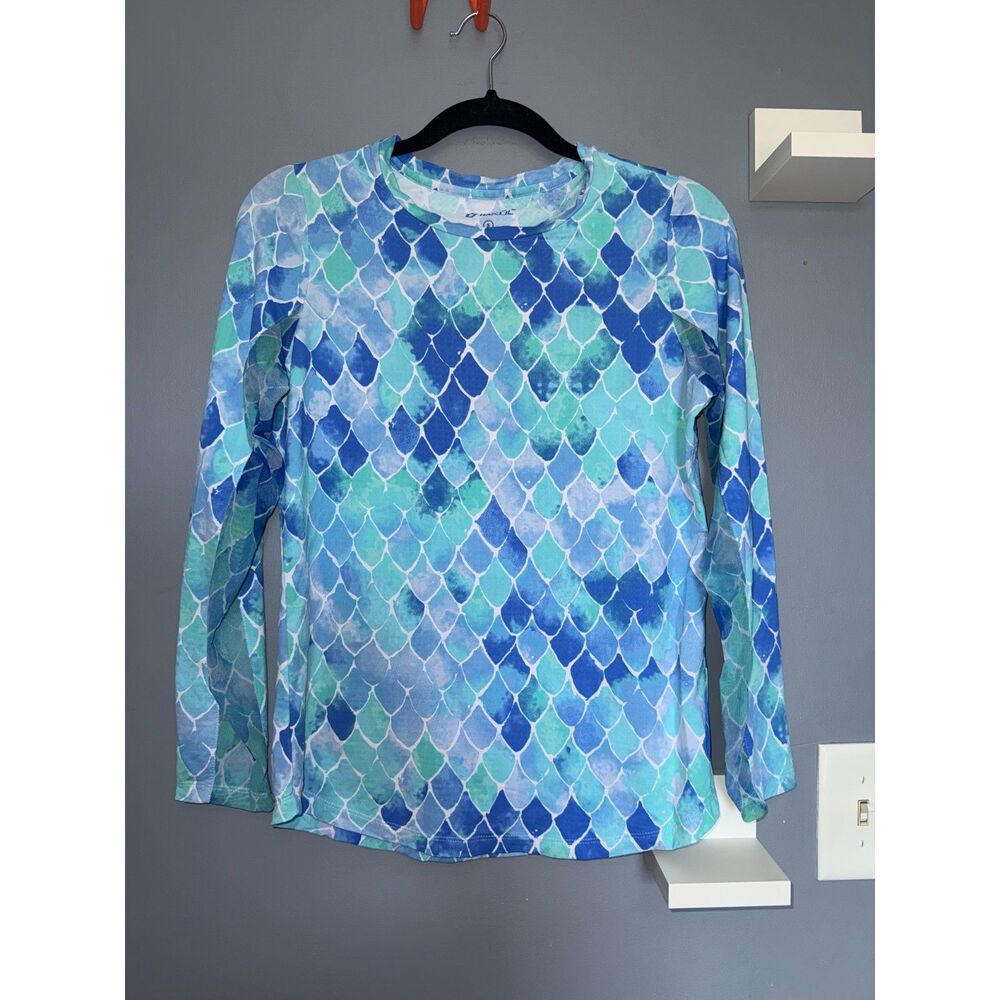 Women's Ibkül Blue Mermaid Scale Long Sleeve Crewneck Mesh Panels | Size Small
